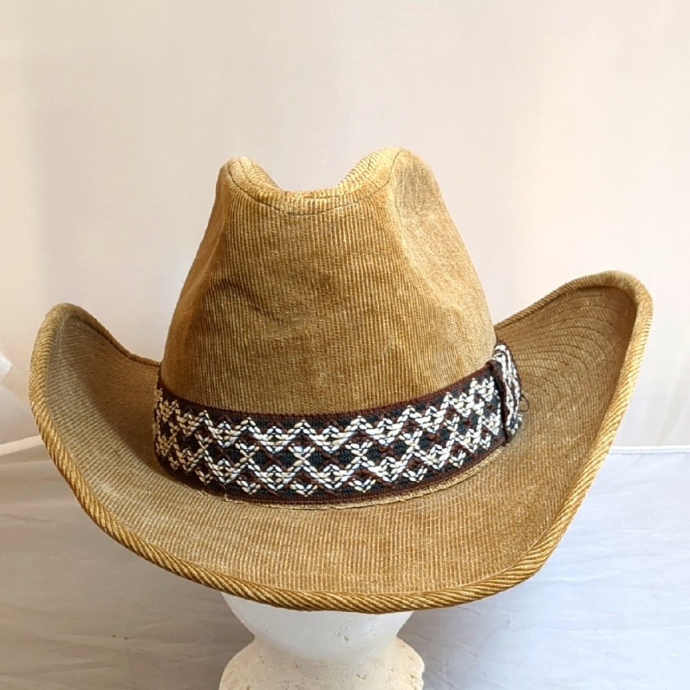 Vintage GW Cowboy Cowgirl Corduroy Hat Tan Beige Boho Festival Small 6 3/4-7 7/8
